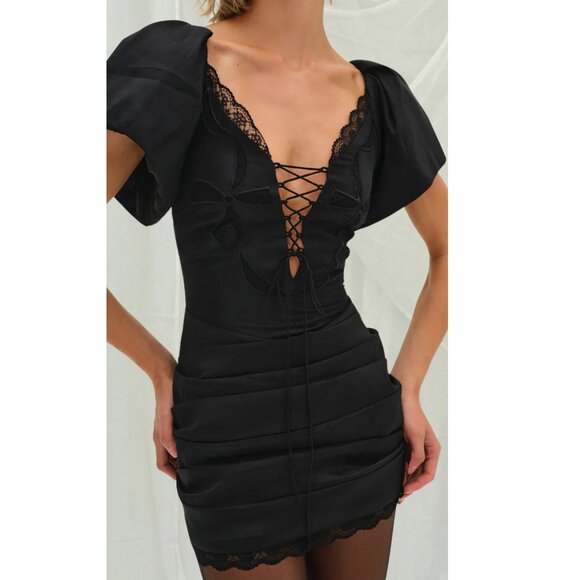 NWT FOR LOVE AND LEMONS SINGRID BLACK PLEATED MINI DRESS SIZE S - Picture 1 of 10